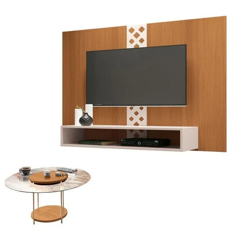 Painel Para Tv Home Suspenso Form Com Mesa De Centro Sky Com Tampo De Vidro Cinamomo Off White – Hb Móveis