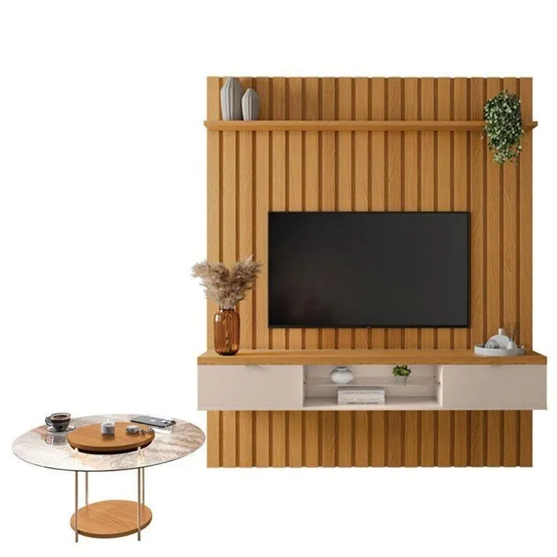 Painel Ripado You Illusion 1.8 Com Mesa De Centro Sky Com Tampo De Vidro Cinamomo Off White - Hb Móveis