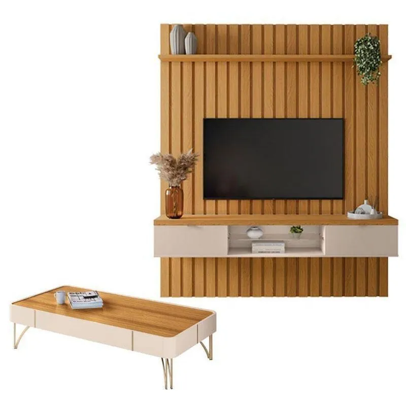 Painel Ripado You Illusion 1.8 Com Mesa De Centro Cadenza Cinamomo Off White - Hb Móveis