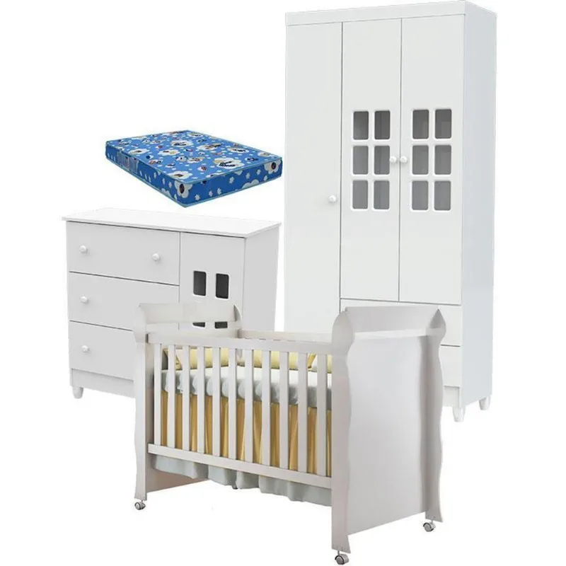 Quarto De Bebê Mariah 3p Com Berço Mirelle Branco Brilho Com Colchão - Carolina
