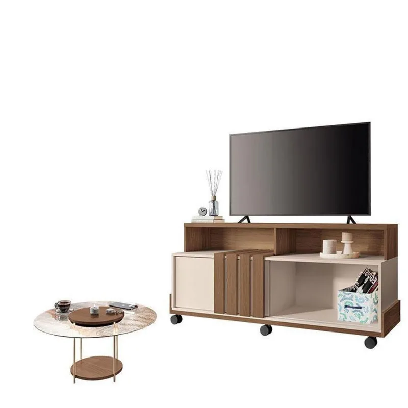 Rack Bancada Graci 1.3 Com Mesa De Centro Sky Com Tampo De Vidro Castanho Off White Hb Móveis