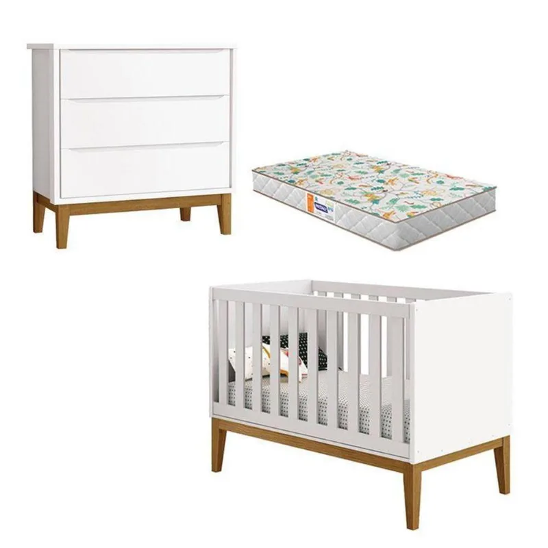 Berço Americano E Cômoda Gaveteiro New Classic Branco Com Pés Madeira E Colchão Gazin ? Reller