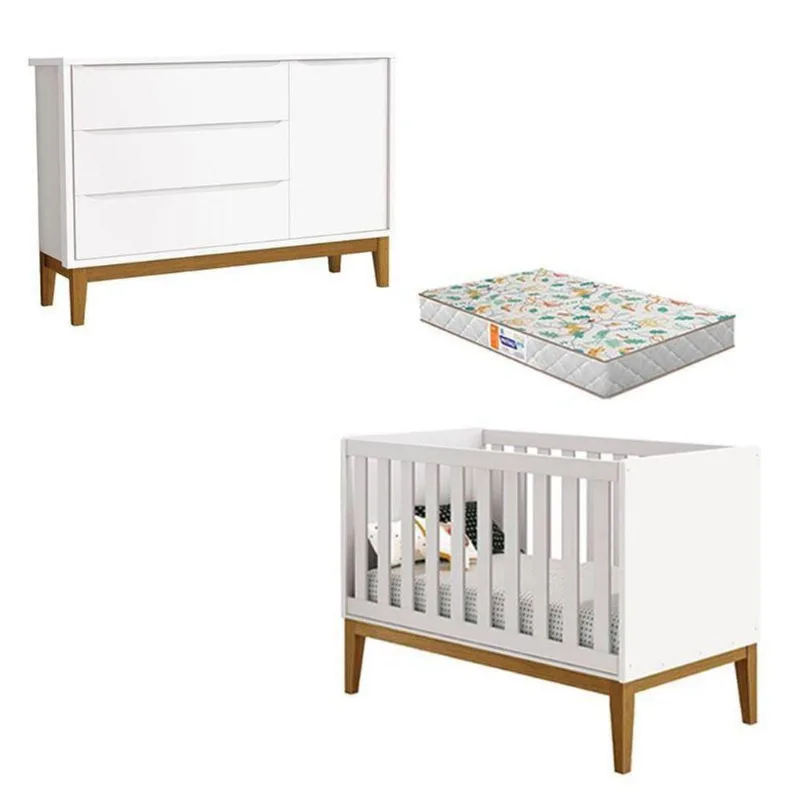 Berço Americano E Cômoda New Classic Branco Com Pés Madeira E Colchão Gazin ? Reller