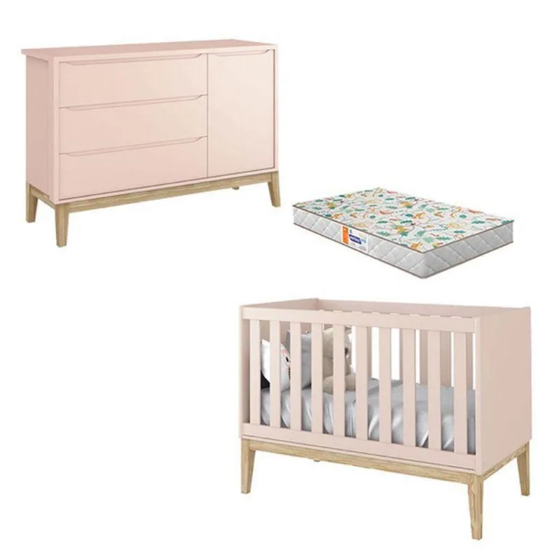 Berço Americano E Cômoda New Classic Rosa Com Pés Madeira Natural E Colchão Gazin ? Reller
