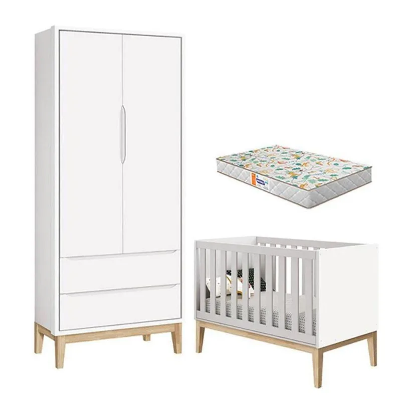 Berço Americano E Guarda Roupa 2 Portas New Classic Branco Com Pés Madeira Natural E Colchão Gazin ? Reller