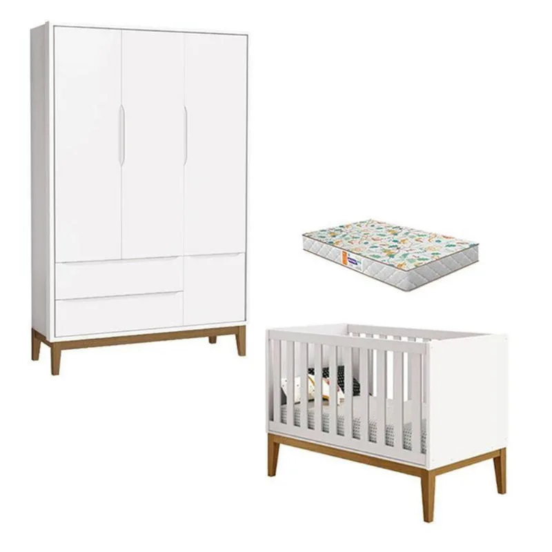 Berço Americano E Guarda Roupa 3 Portas New Classic Branco Com Pés Madeira E Colchão Gazin ? Reller