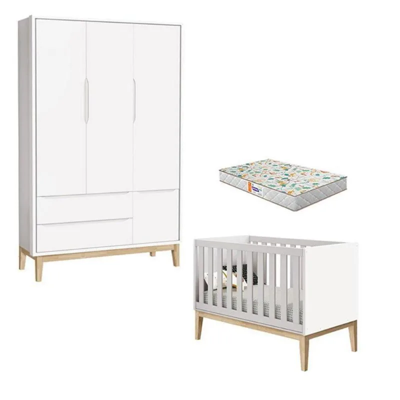 Berço Americano E Guarda Roupa 3 Portas New Classic Branco Com Pés Madeira Natural E Colchão Gazin ? Reller
