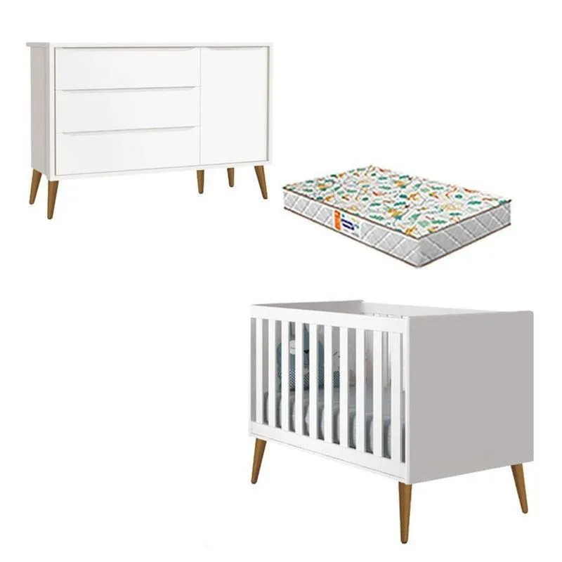 Berço Americano E Cômoda Infantil 1 Porta Theo Branco Pés Amadeirados Com Colchão Gazin ? Reller