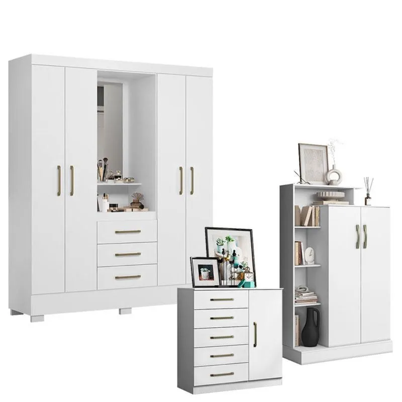 Guarda Roupa Solteiro Paris 2045150 com Armário Multiuso Florença 2000199 e Cômoda Sapateira Milão 2014145 Branco - Aramóveis