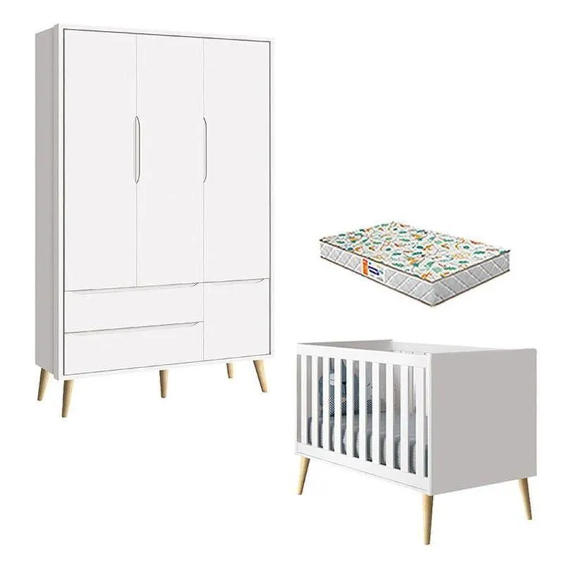 Berço Americano E Guarda Roupa 3 Portas Theo Branco Pés Madeira Natural Com Colchão Gazin ? Reller
