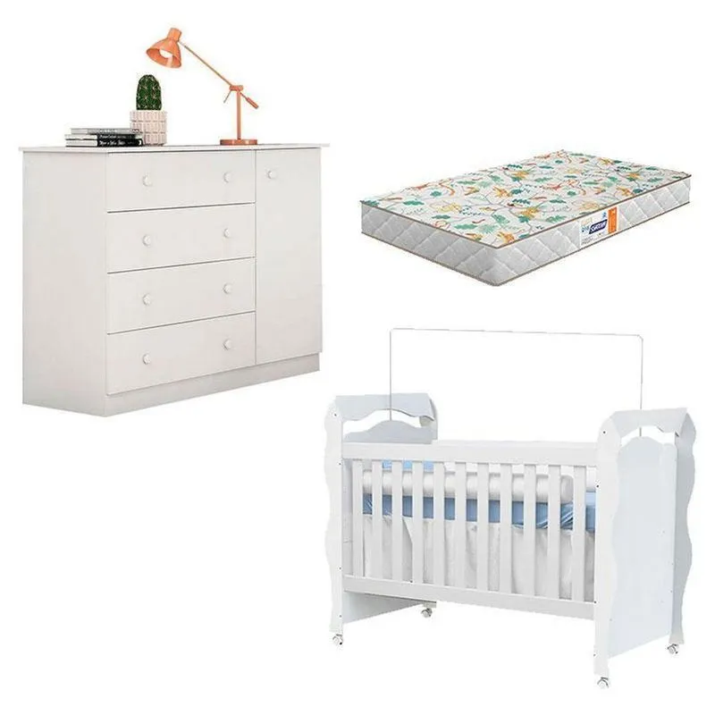 Berço Americano New Nanda Com Cômoda Helena Branco Brilho E Colchão Gazin – Phoenix