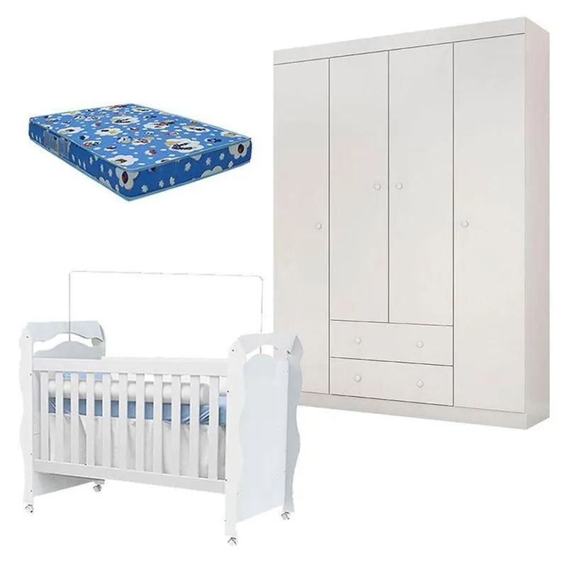 Berço Americano New Nanda Com Guarda Roupa Helena Branco Brilho E Colchão Ortobom – Phoenix
