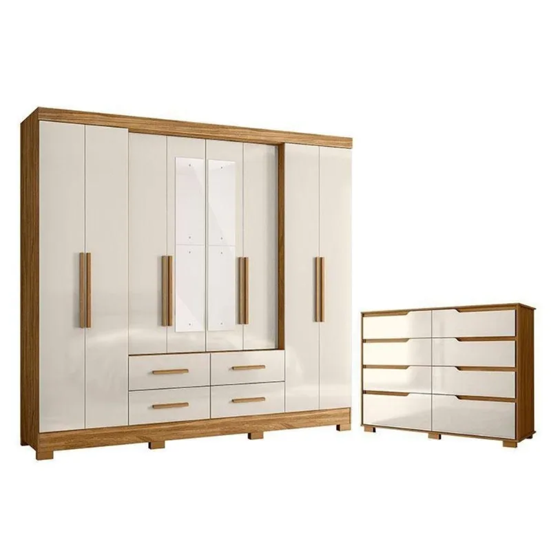 Guarda Roupa Casal com Cômoda San Lorenzo Georgia 8 Portas 4 Gavetas MDP Freijó Off White Brilho