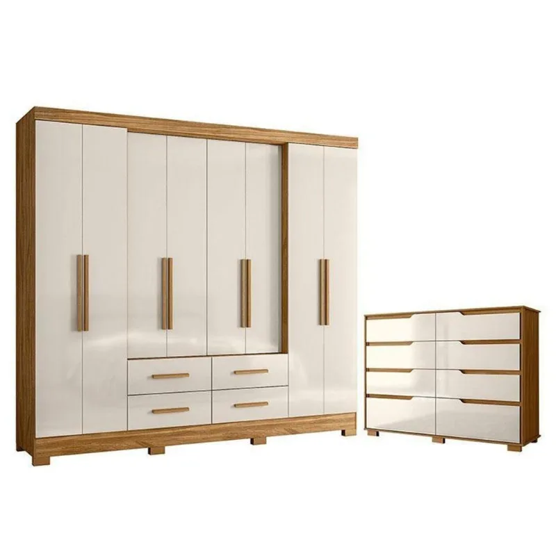 Guarda Roupa Casal e Cômoda San Lorenzo Georgia 8 Portas 4 Gavetas em MDP Freijó Off White Brilho