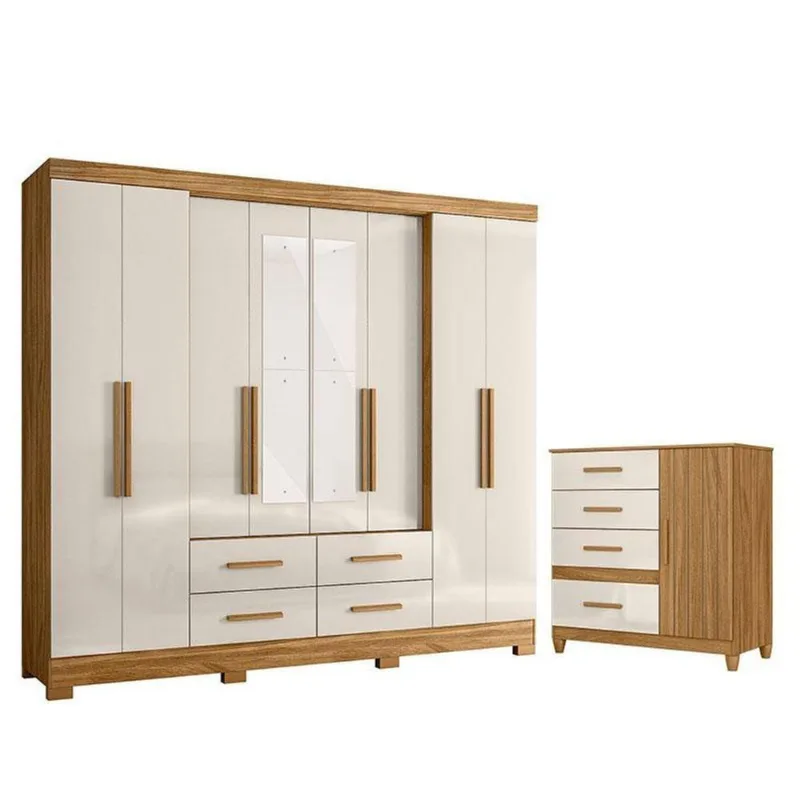 Guarda Roupa Casal San Lorenzo Com Espelho E Cômoda Vênus Com Pés Freijó Off White - Moval
