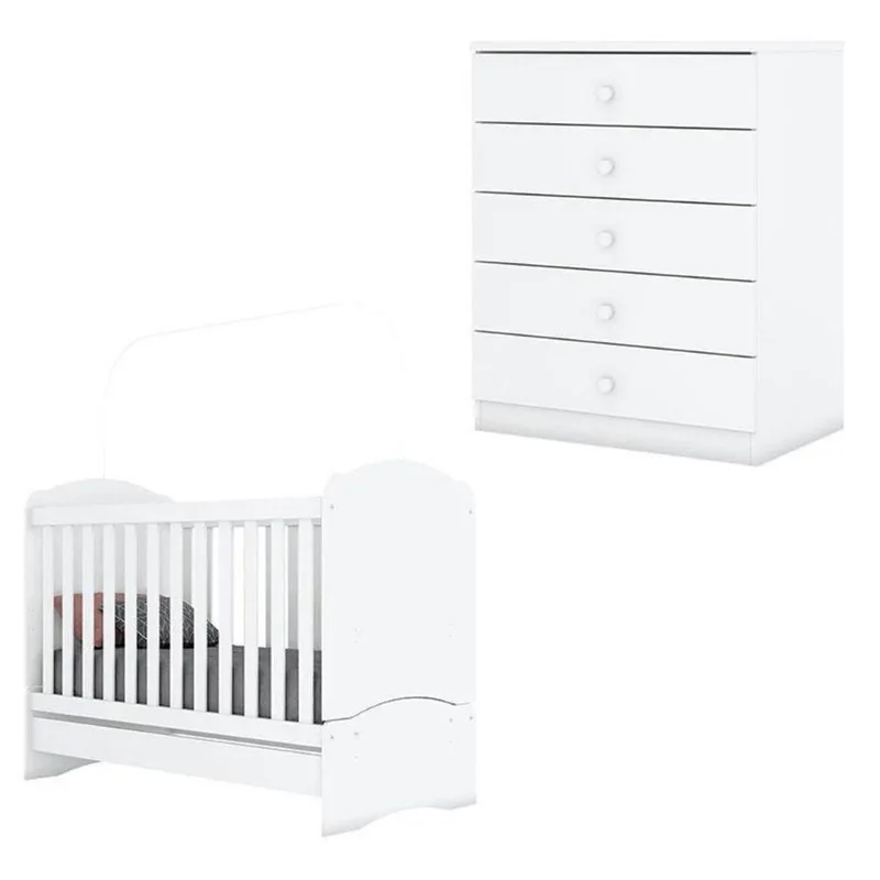 Berço Nacional Bala De Menta E Cômoda Infantil Pique-esconde Branco - Henn