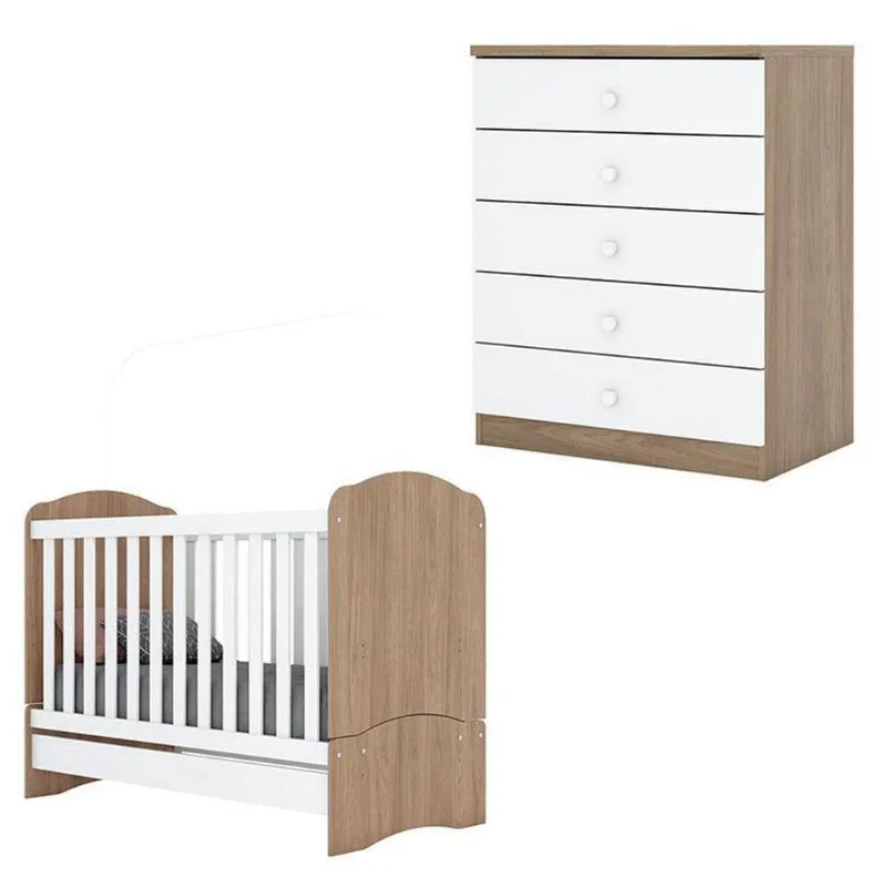 Berço Nacional Bala De Menta E Cômoda Infantil Pique-esconde Rústico Branco - Henn