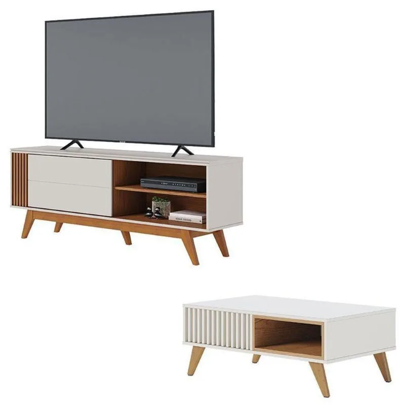 Rack Bancada Otawa Com Mesa De Centro Jeri Off White Freijó - Colibri