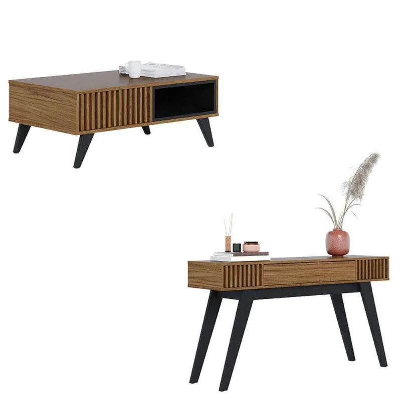 Mesa De Centro Jeri Noce Milano Preto Acetinado Com Aparador Para Sala Riviera Noce Milano - Colibri