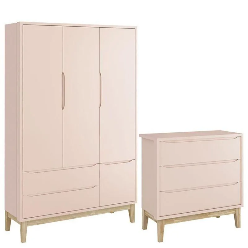 Cômoda Gaveteiro E Guarda Roupa Infantil 3 Portas New Classic Rosa Com Pés Madeira Natural - Reller