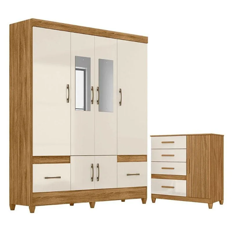 Guarda Roupa Casal Ms912 Com Espelho E Cômoda Vênus Com Pés Freijó Off White - Moval