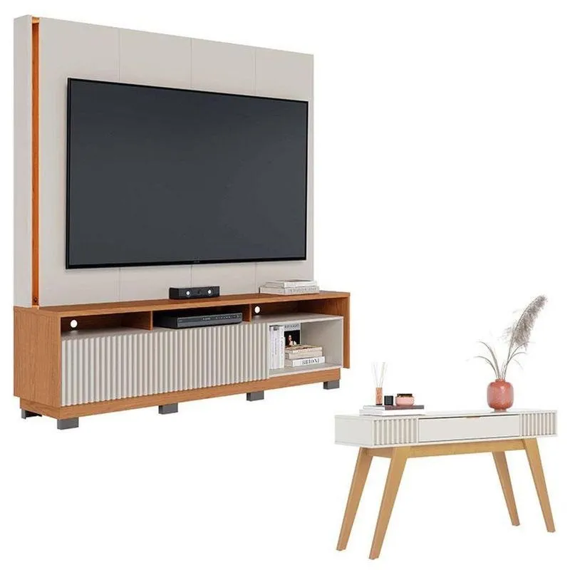 Estante Home Theater Jordão Com Pés Off White Freijó E Aparador Para Sala Riviera Off White - Colibri