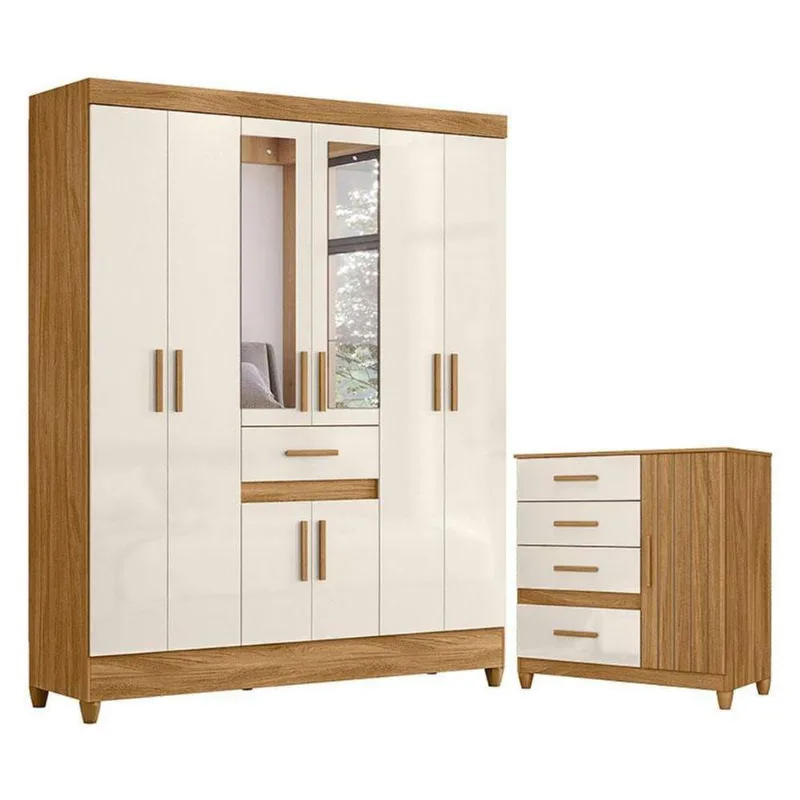 Guarda Roupa Casal Portugal Com Espelho E Cômoda Vênus Com Pés Freijó Off White - Moval