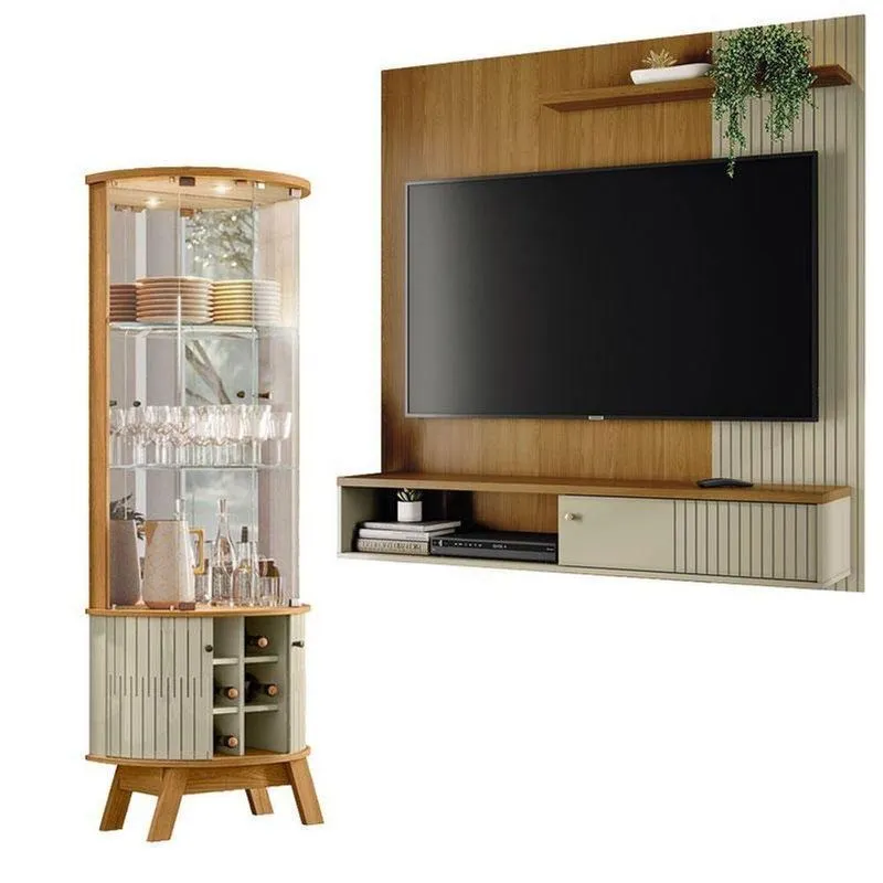 Estante Home Theater Suspenso Aurora Com Cristaleira Marina Cumaru Opala - Madetec
