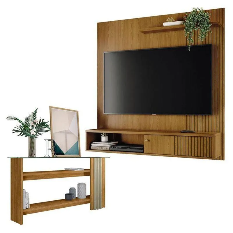 Estante Home Theater Suspenso Aurora Cumaru Com Aparador Frizz Cumaru Opala - Madetec