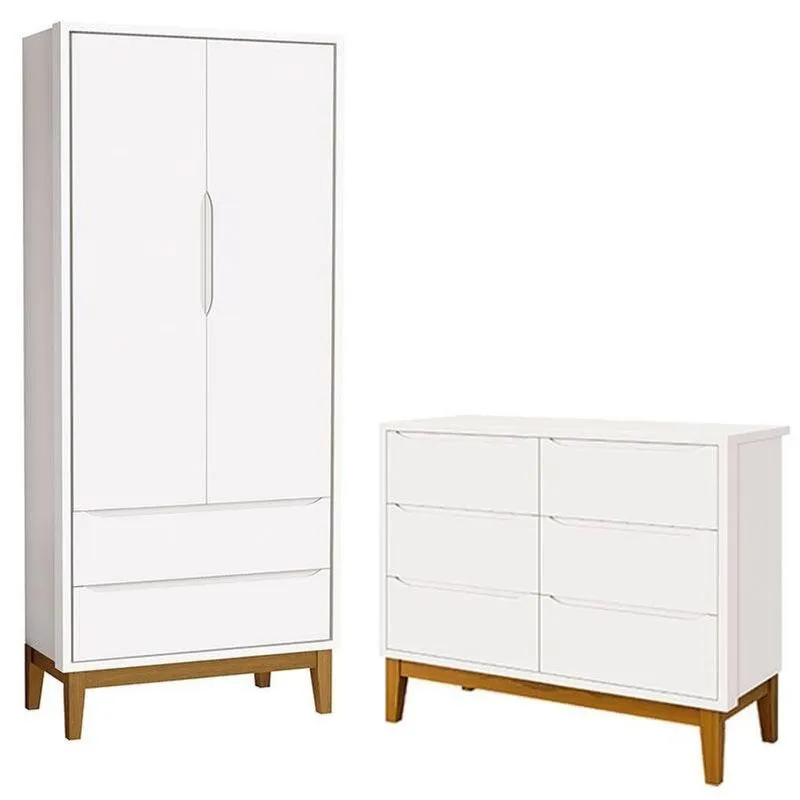 Cômoda 6 Gavetas E Guarda Roupa 2 Portas New Classic Branco Com Pés Madeira - Reller