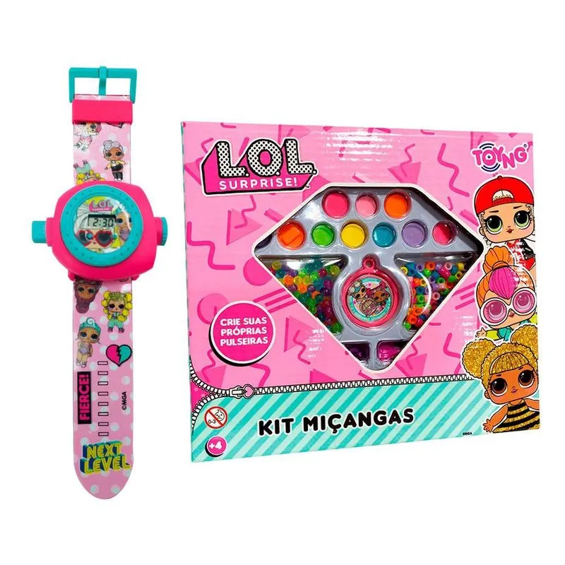 Kit lol Miçangas Pulseiras e Colares Com Relógio Projetor