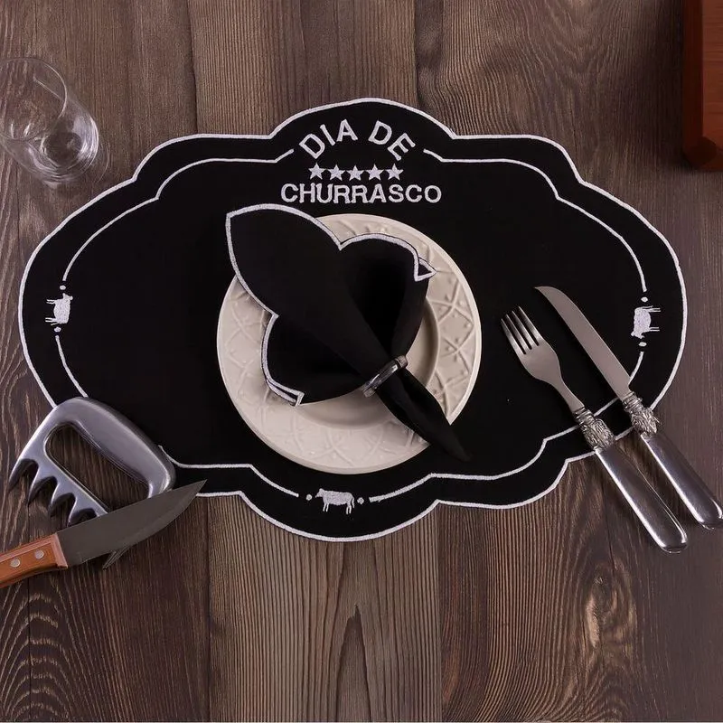 Kit Jogo Americano 24 Peças 12 Lugares Mesa Posta Sousplat Bordado Para Churrasco Preto