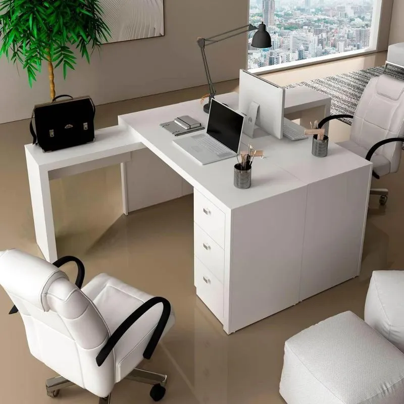 Conjunto Para Escritório Com 2 Mesas Em L 6 Gavetas Mdp 136cm Branco Tecno Mobili