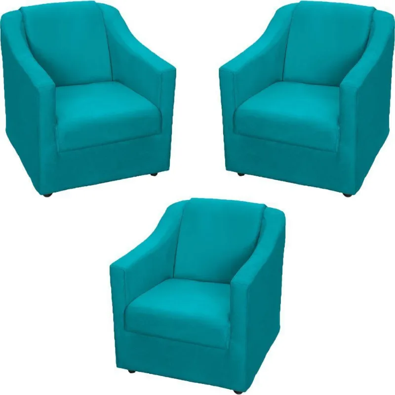 Kit 3 Poltronas Mila Pé De Plástico Cromado - Azul-turquesa Suede