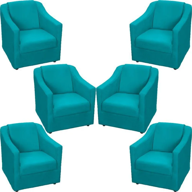 Kit 6 Poltronas Mila Pé De Plástico Cromado - Azul-turquesa Suede