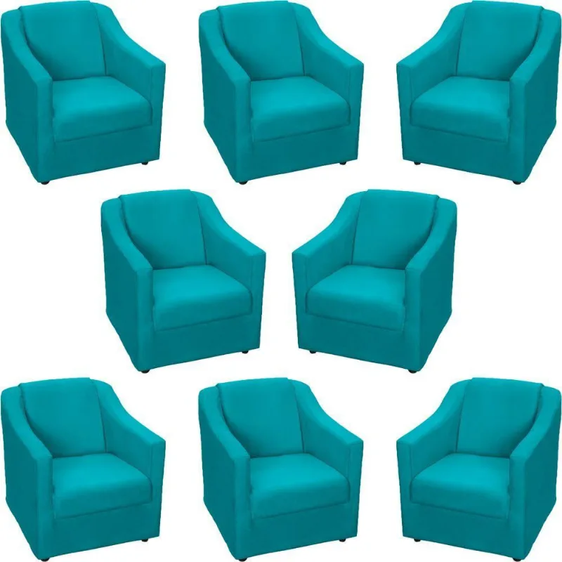 Kit 8 Poltronas Mila Pé De Plástico Cromado - Azul-turquesa Suede