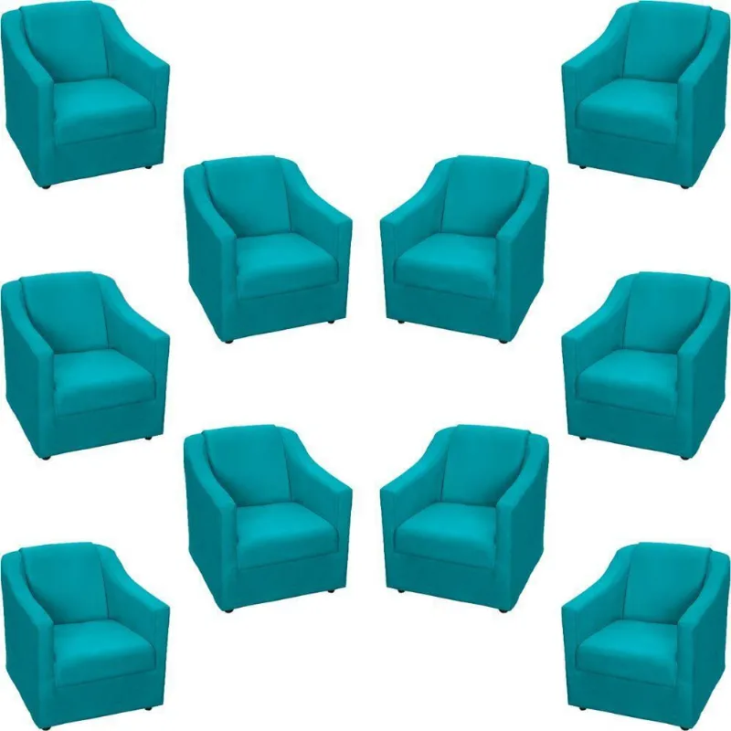 Kit 10 Poltronas Decorativa Mila Pé De Plástico Cromado - Azul-turquesa Suede