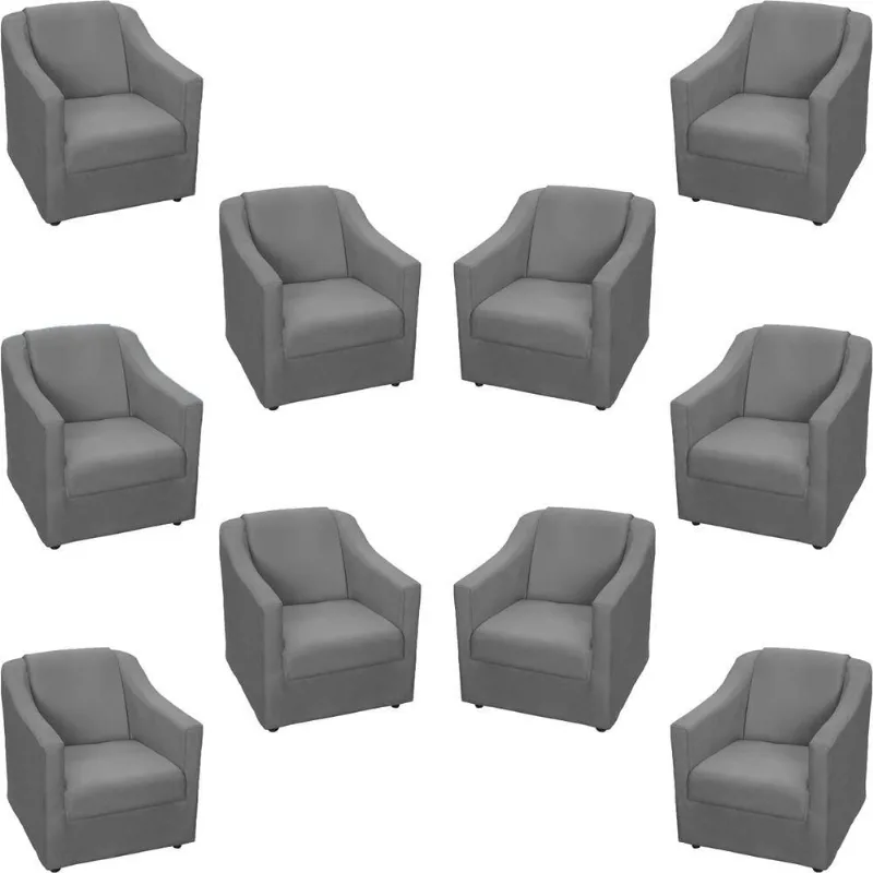Kit 10 Poltronas Decorativa Mila Pé De Plástico Cromado - Cinza Suede