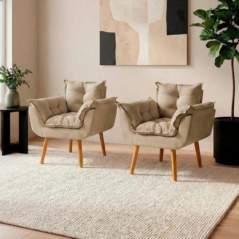 Kit 2 Poltronas Alice Decorativa Suede Confortável Bege Clique & Decore