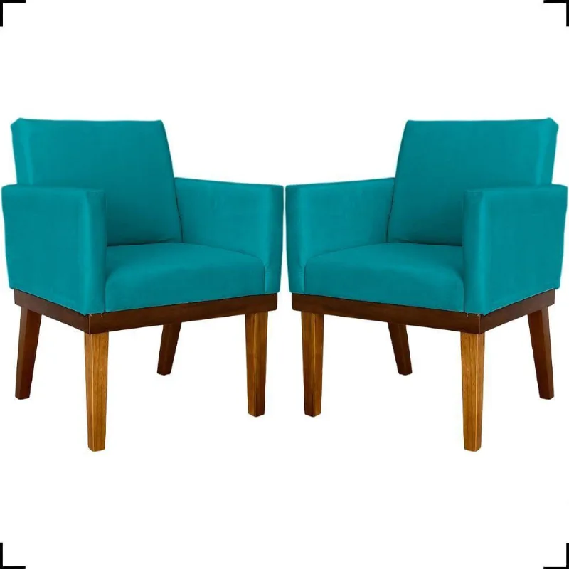 Kit 2 Poltronas Decorativa Para Sala Recepção Consultório Escritório Base Em Madeira Divine Suede