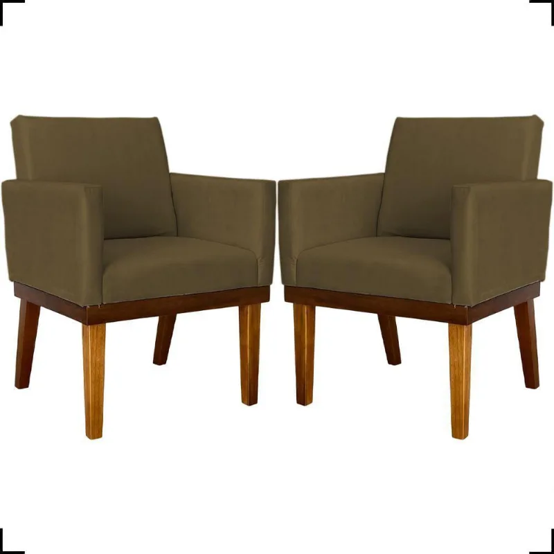 Kit 2 Poltronas Decorativa Para Sala Recepção Consultório Escritório Base Em Madeira Divine Suede