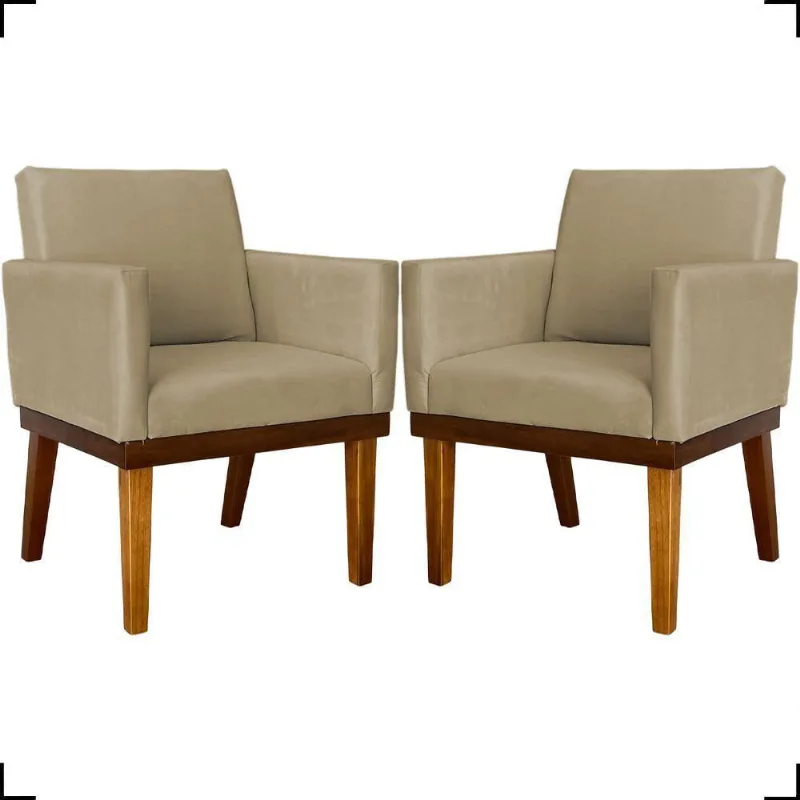 Kit 2 Poltronas Decorativa Para Sala Recepção Consultório Escritório Base Em Madeira Divine Suede