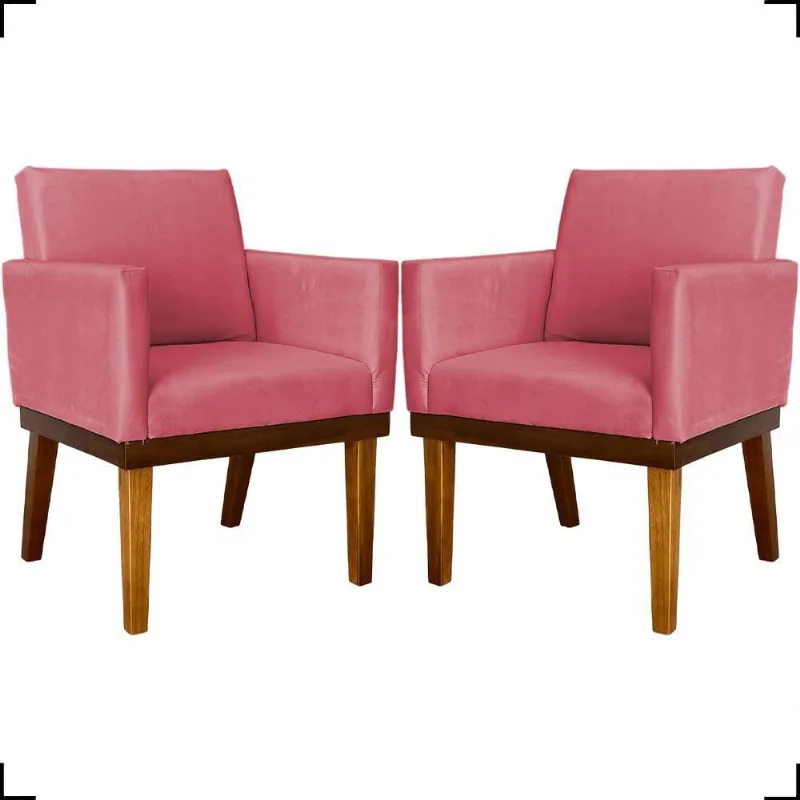 Kit 2 Poltronas Decorativa Para Sala Recepção Consultório Escritório Base Em Madeira Divine Suede