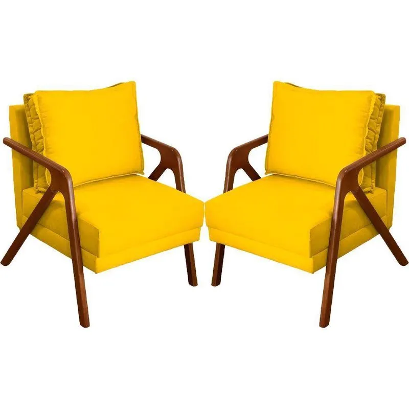 Kit 2 Poltronas Decorativa Shine Pé Castanho - Amarelo Suede