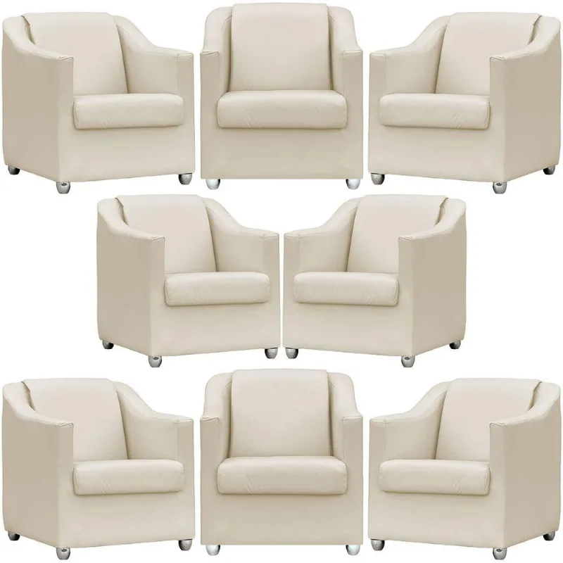 Kit 8 Poltronas Mila Para Sala Corino Bege Pés Plástico Cromado Clique & Decore