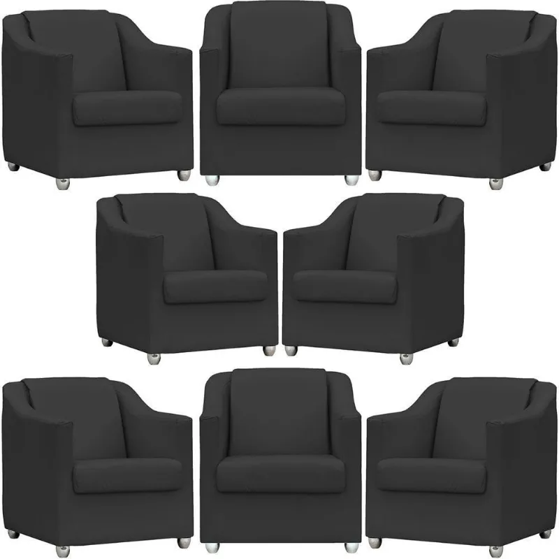 Kit 8 Poltronas Mila Corino Cores Pé De Plástico Cromado - Preto Corino
