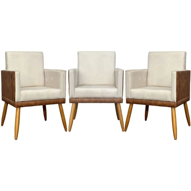 Kit 3 Poltronas Decorativas Lis Para Sala Bege Suede Corino Clique & Decore