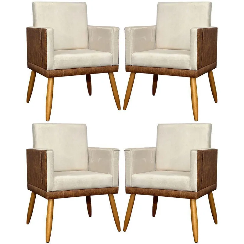 Kit 4 Poltronas Modernas Lis Corino e Pé 30cm - Bege Suede Corino
