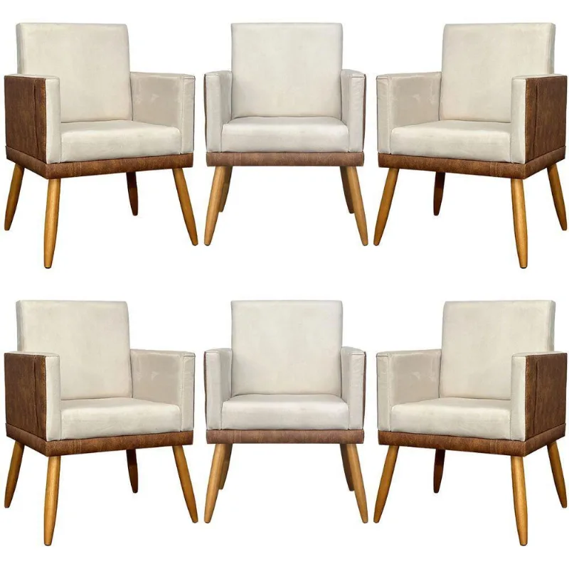 Kit 6 Poltronas Decorativas Para Escritório Lis Corino e Pé 30cm - Bege Suede Corino