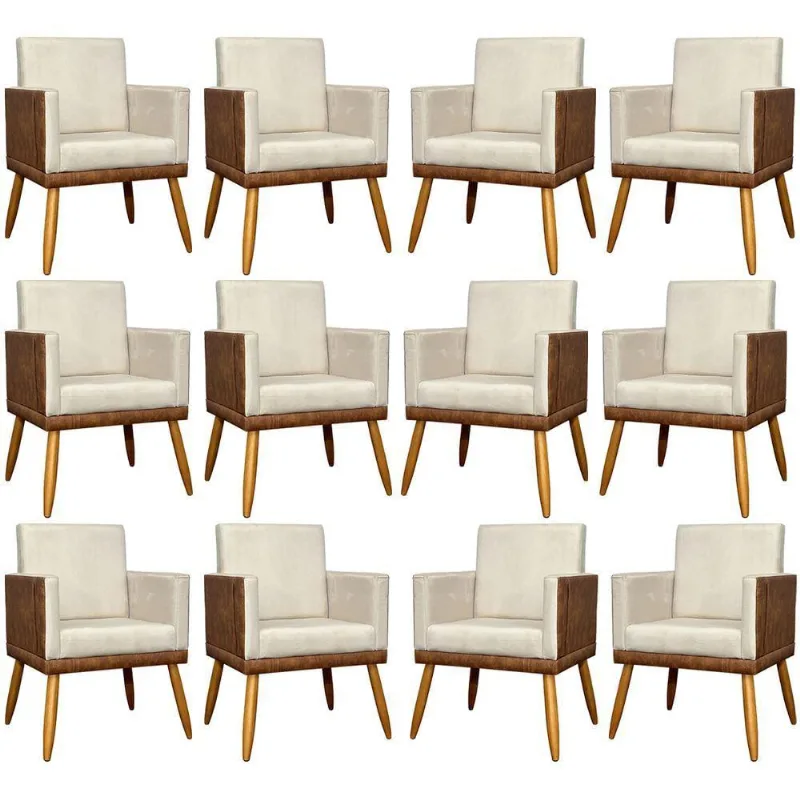 Kit 12 Poltronas Decorativas Para Escritório Lis Corino e Pé Palito - Bege Suede Corino